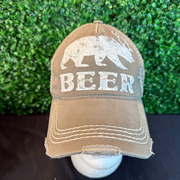 Beer Deer Bear Novelty Hat Cap Distressed One Size OSFA Adjustable Strap Brown - Picture 1 of 6